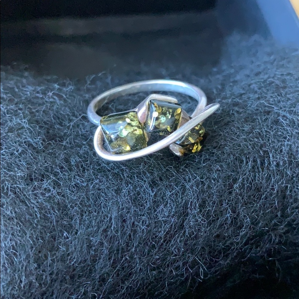 Silver and green amber ring